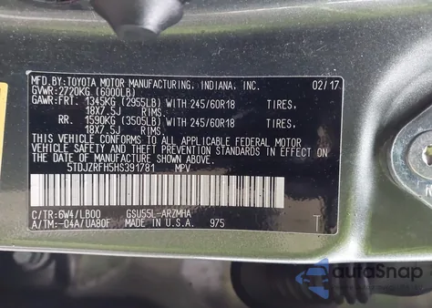 2017 Toyota Highlander Xle z USA, uszkodzony, nr VIN 5TDJZRFH5HS391781